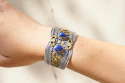 Vintage Silver And Brass Cuff With Lapis Lazuli Stones, Embellished Sterling Silver Bangle Cuff With Gemstone Accents, Indian Silver Cuff