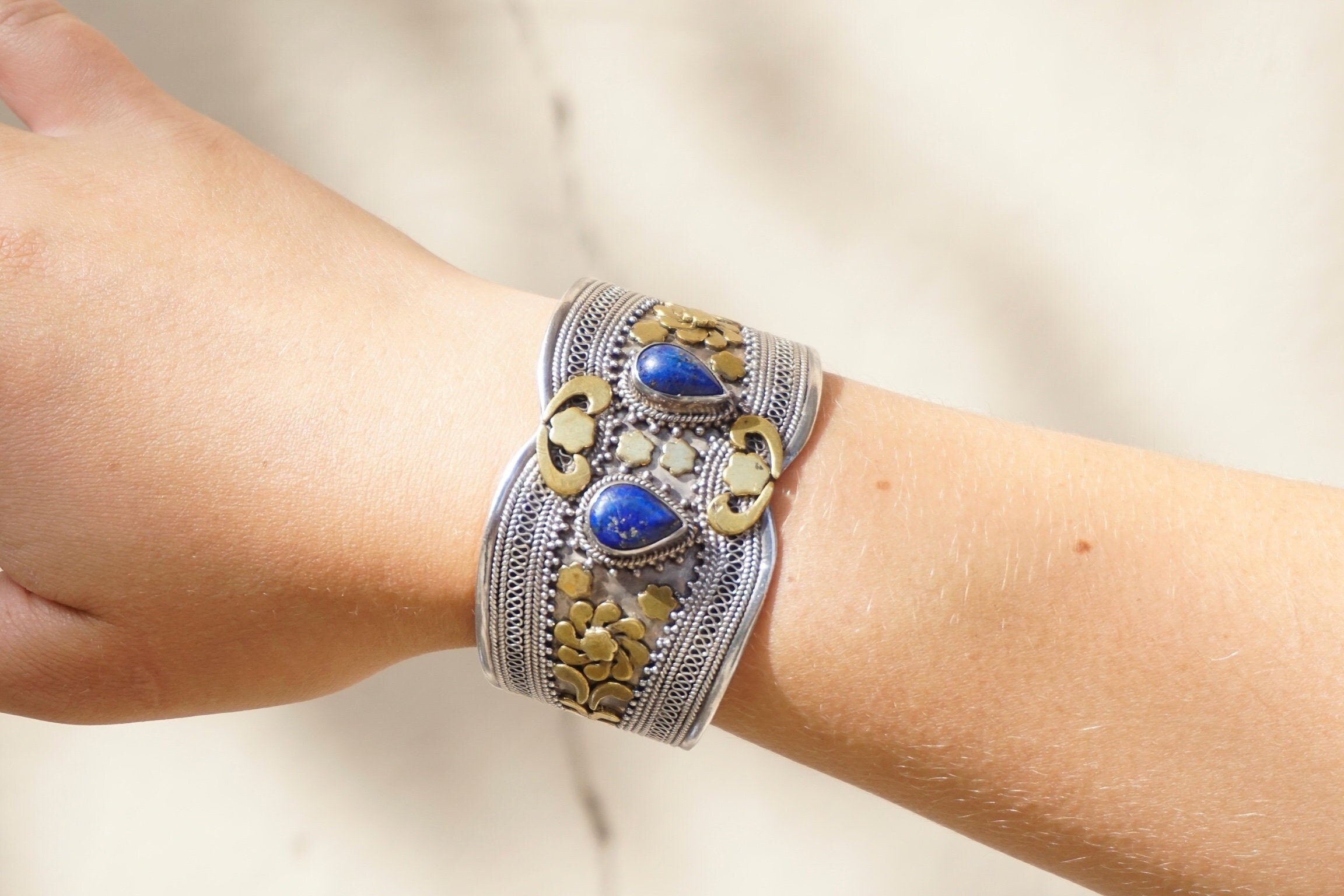 Vintage Silver And Brass Cuff With Lapis Lazuli Stones, Embellished Sterling Silver Bangle Cuff With Gemstone Accents, Indian Silver Cuff