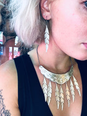 Vintage Silver Plated Choker Necklace With Feather Tassels and Matching Earrings, Silver Choker and Earrings Set With Feather Details