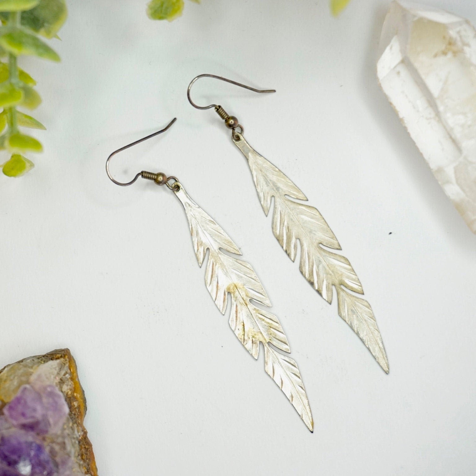 Vintage Silver Plated Choker Necklace With Feather Tassels and Matching Earrings, Silver Choker and Earrings Set With Feather Details
