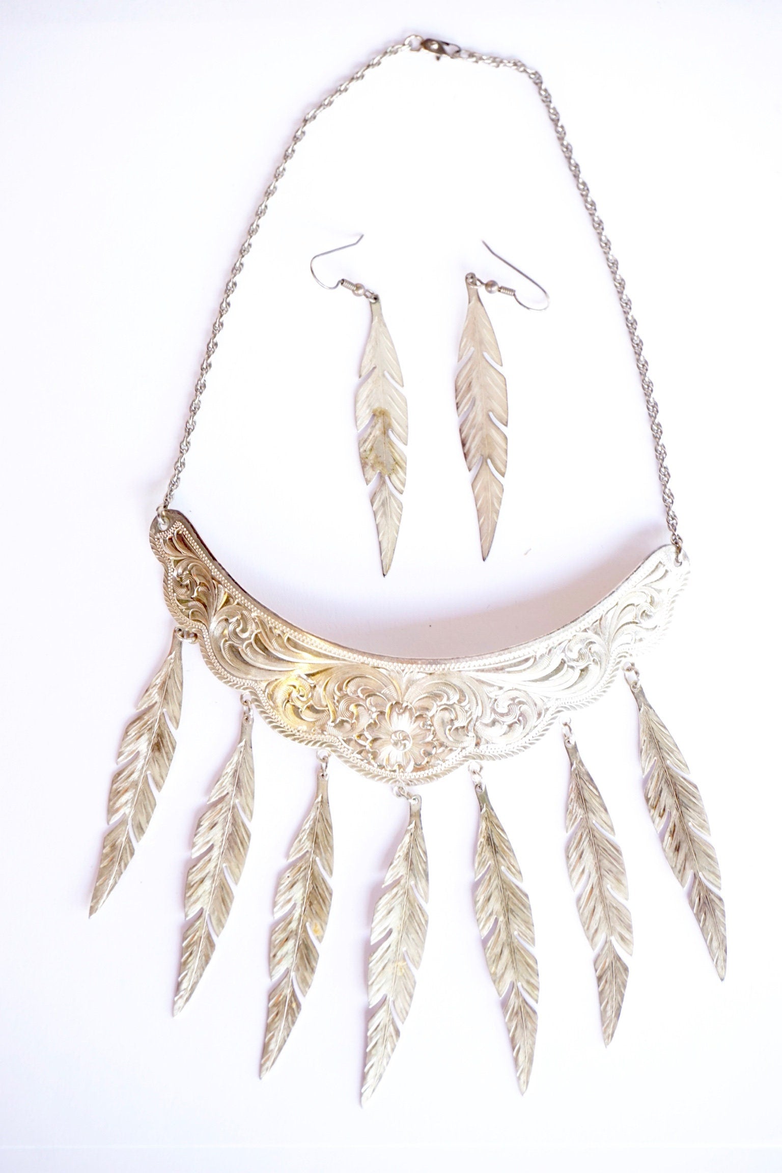 Vintage Silver Plated Choker Necklace With Feather Tassels and Matching Earrings, Silver Choker and Earrings Set With Feather Details