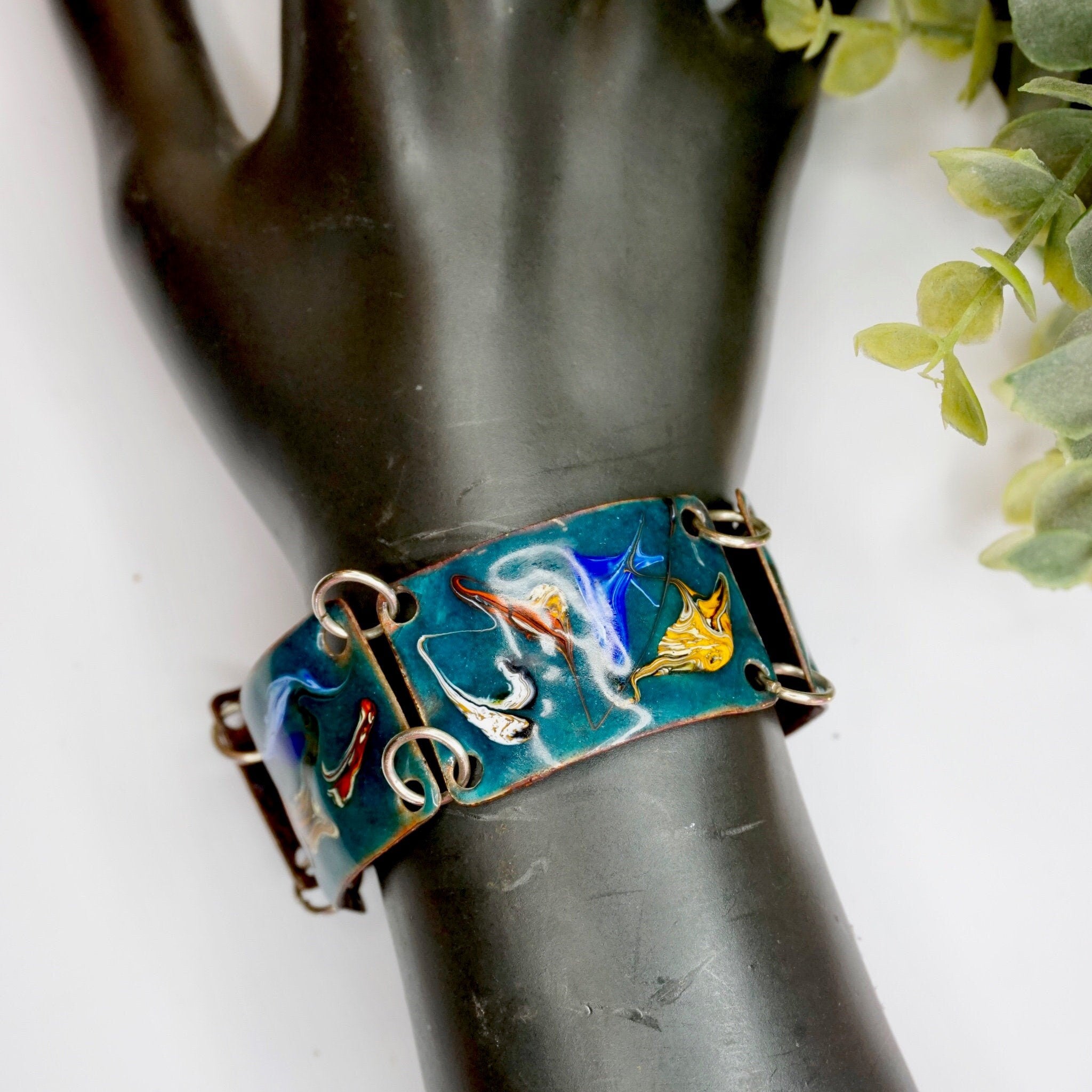 Vintage Vitreous Enamel on Copper Bracelet, Unique Dark Turquoise Enamel Bracelet With Colorful Abstract Pattern, Artistic Handmade Bracelet