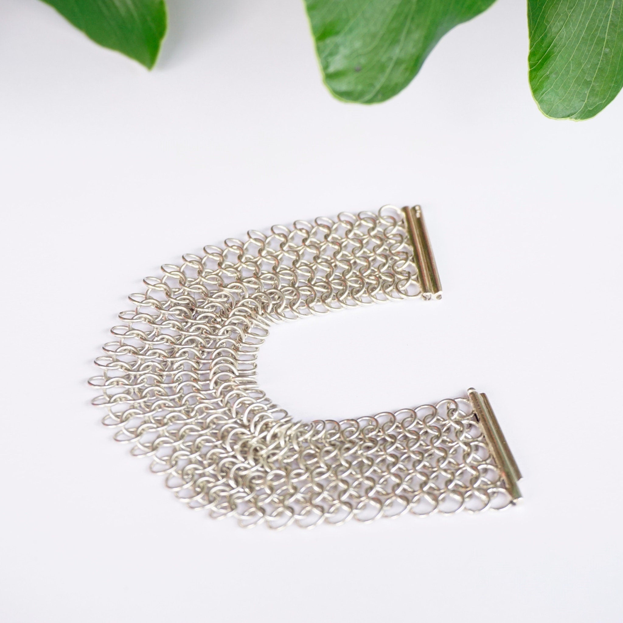 Vintage Sterling Silver Chainmail Bracelet, Thick Chainmail Silver Bracelet Cuff With Slide Lock Clasp, Elegant Sterling Bracelet