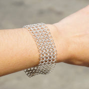 Vintage Sterling Silver Chainmail Bracelet, Thick Chainmail Silver Bracelet Cuff With Slide Lock Clasp, Elegant Sterling Bracelet