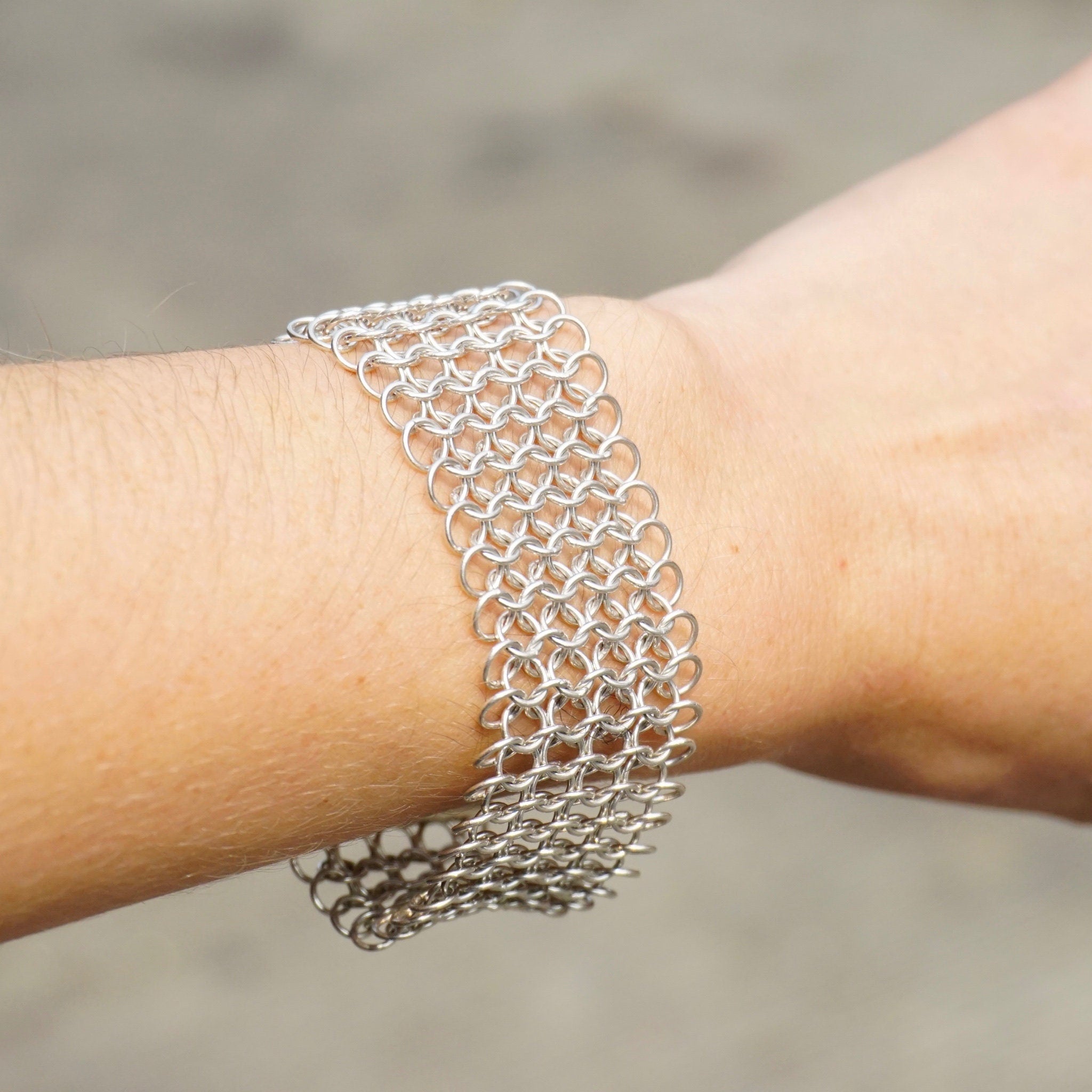Vintage Sterling Silver Chainmail Bracelet, Thick Chainmail Silver Bracelet Cuff With Slide Lock Clasp, Elegant Sterling Bracelet