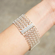 Vintage Sterling Silver Chainmail Bracelet, Thick Chainmail Silver Bracelet Cuff With Slide Lock Clasp, Elegant Sterling Bracelet