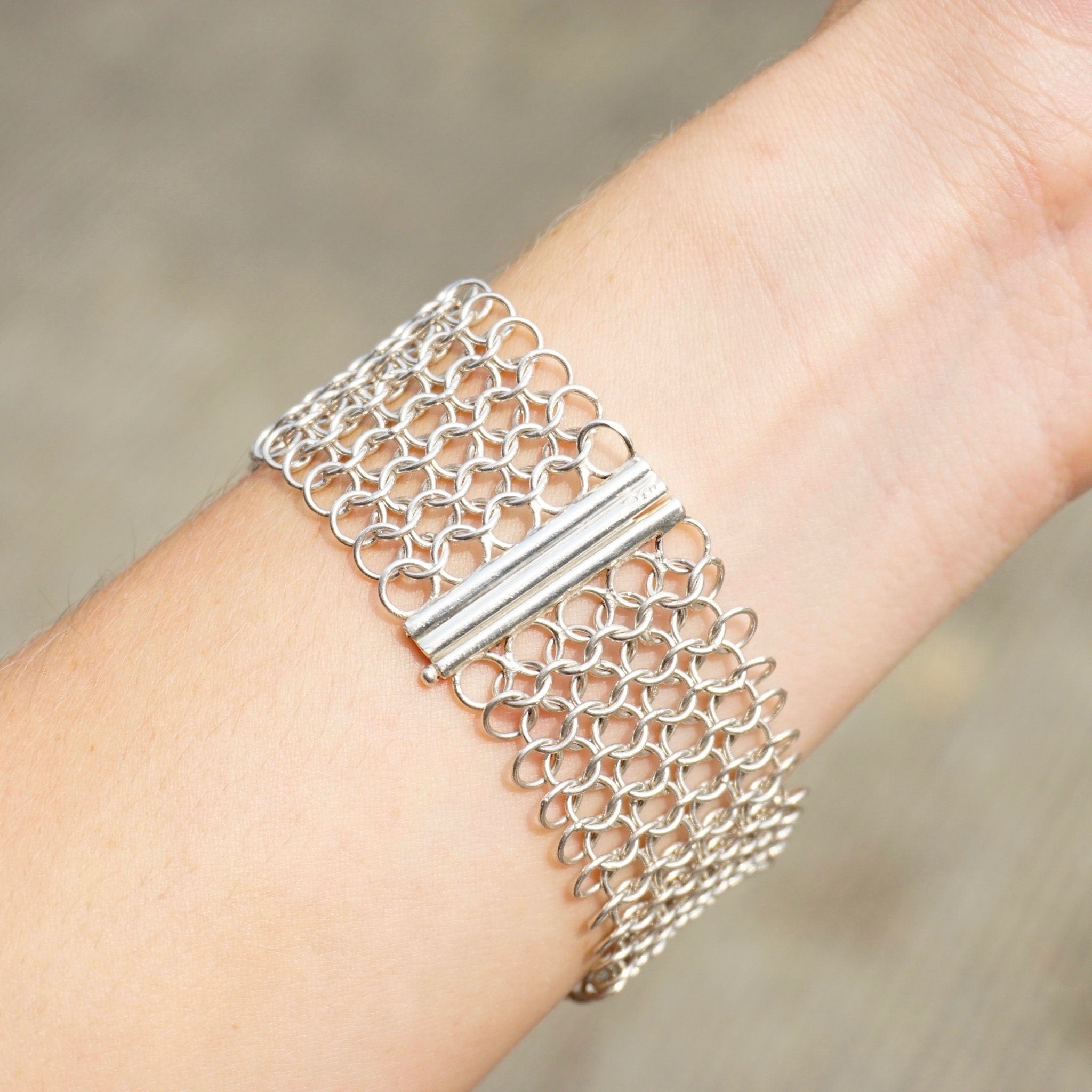 Vintage Sterling Silver Chainmail Bracelet, Thick Chainmail Silver Bracelet Cuff With Slide Lock Clasp, Elegant Sterling Bracelet