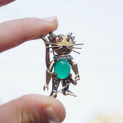 Vintage Germany Sterling Gold Toned Jelly Belly Puss in Boots Brooch With Chrysoprase and Marcasite, Quirky Cat Pin With Green Gemstone