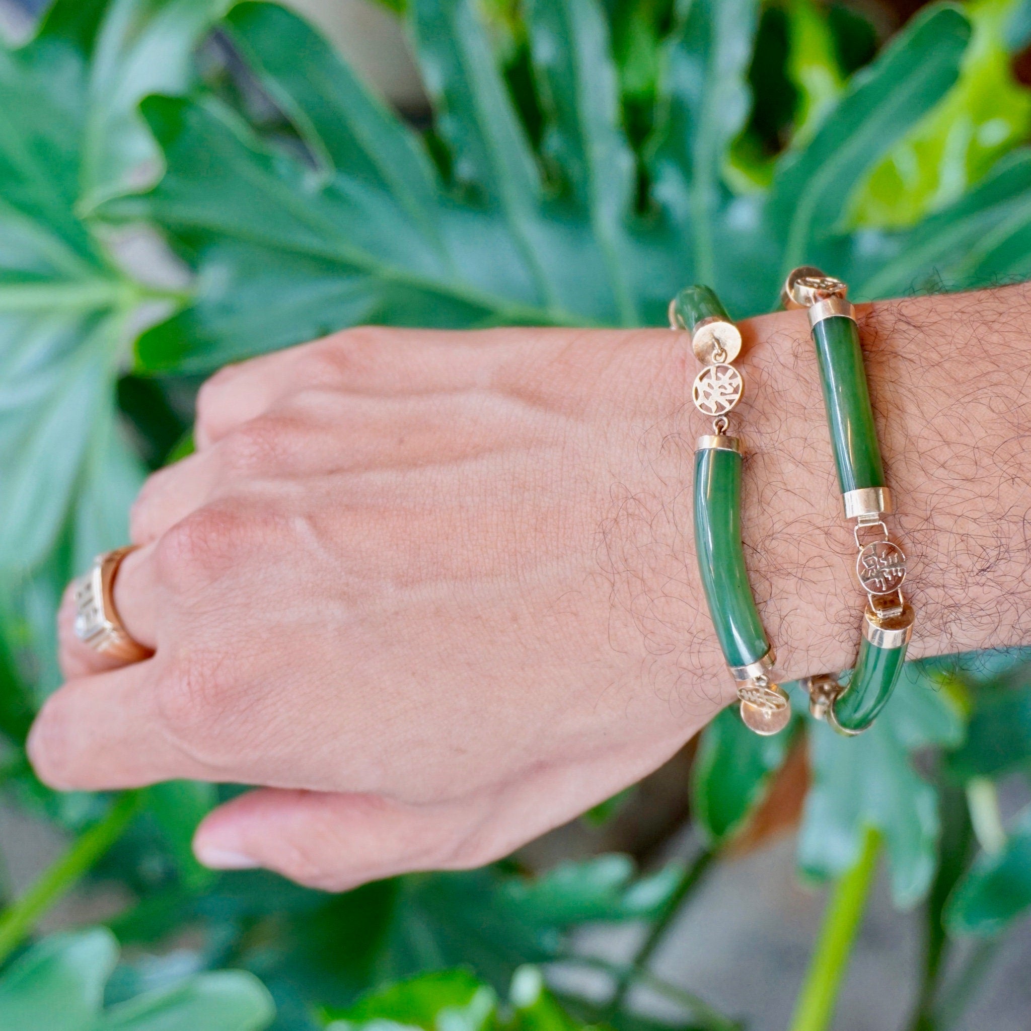 Vintage Chinese Jade and 14K Gold Bracelet, Beautiful Jade Bangle With 14k Gold Accents, Natural Jade Bracelet With Gold Chinese Symbols
