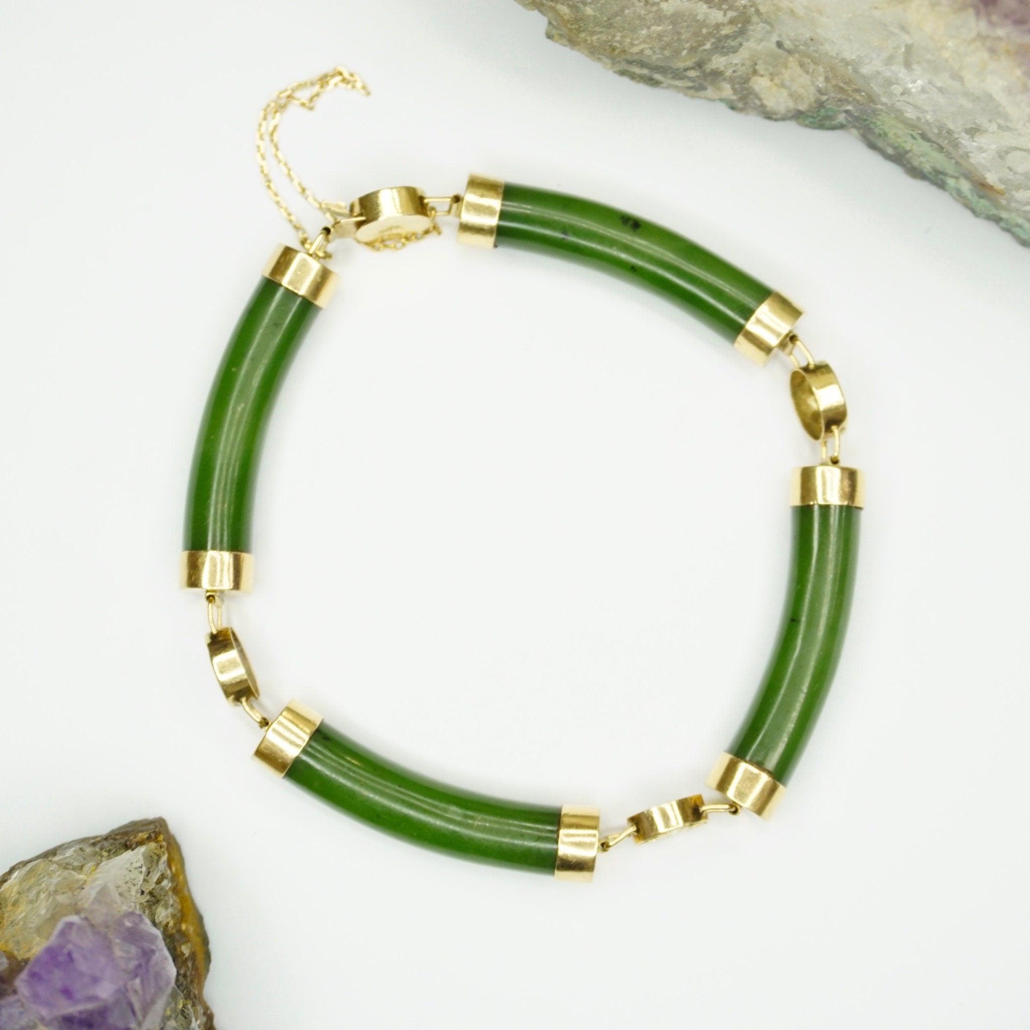 Vintage Chinese Jade and 14K Gold Bracelet, Beautiful Jade Bangle With 14k Gold Accents, Natural Jade Bracelet With Gold Chinese Symbols