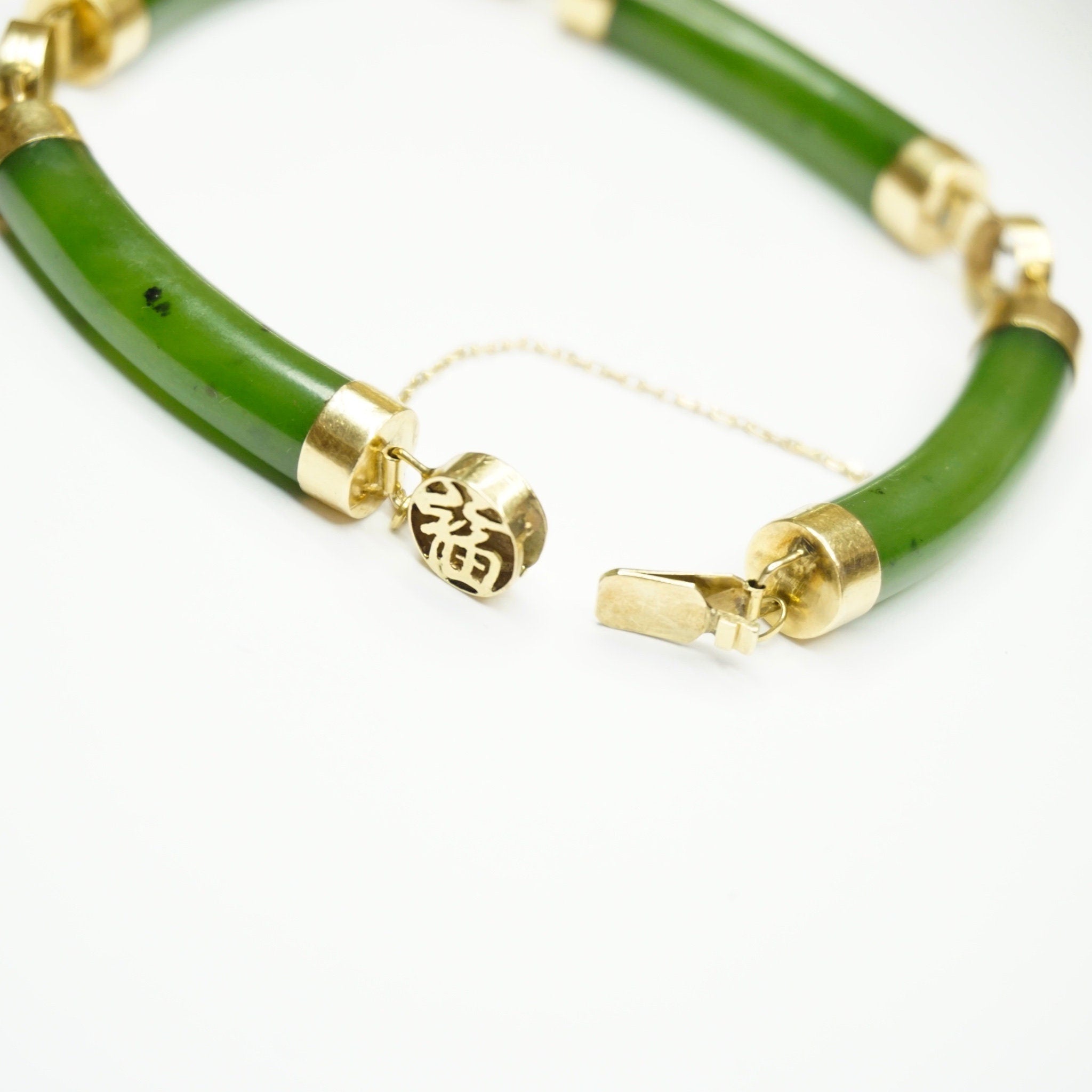 Vintage Chinese Jade and 14K Gold Bracelet, Beautiful Jade Bangle With 14k Gold Accents, Natural Jade Bracelet With Gold Chinese Symbols