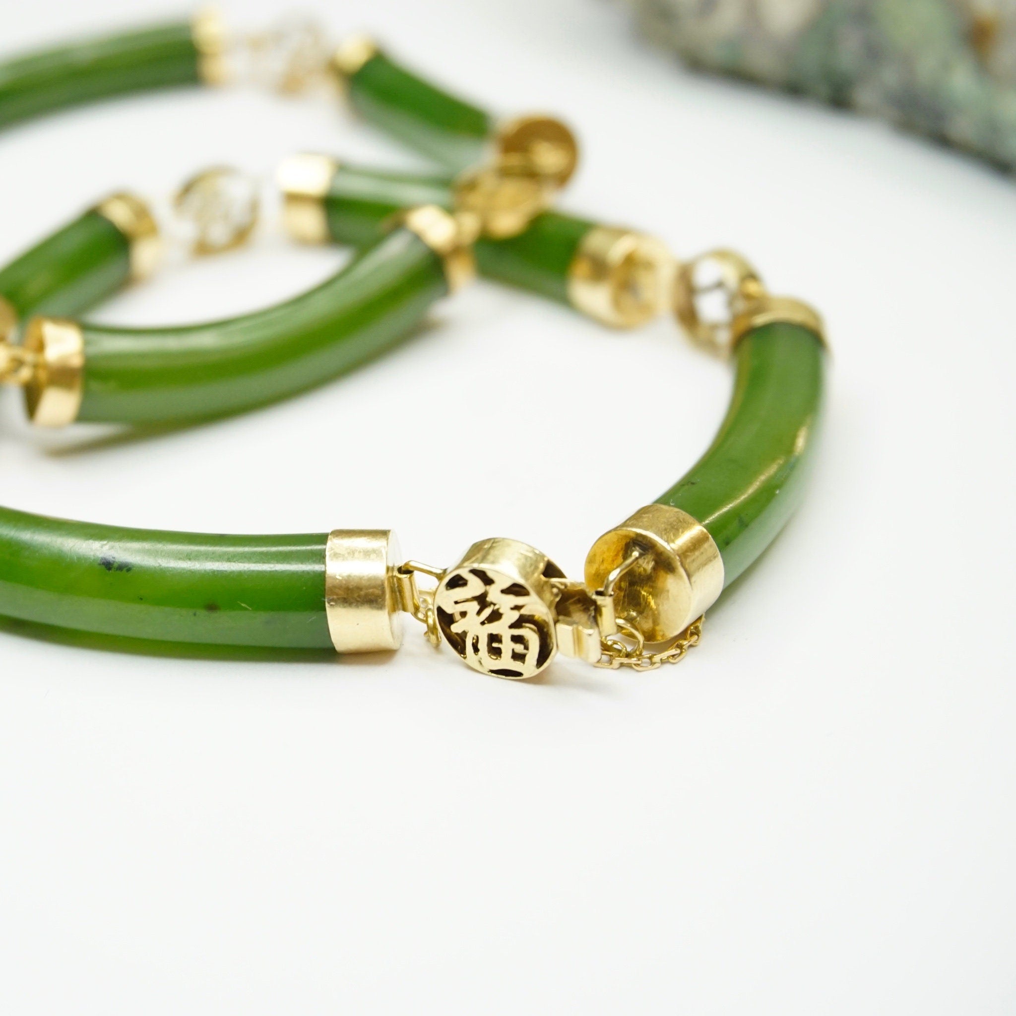 Vintage Chinese Jade and 14K Gold Bracelet, Beautiful Jade Bangle With 14k Gold Accents, Natural Jade Bracelet With Gold Chinese Symbols