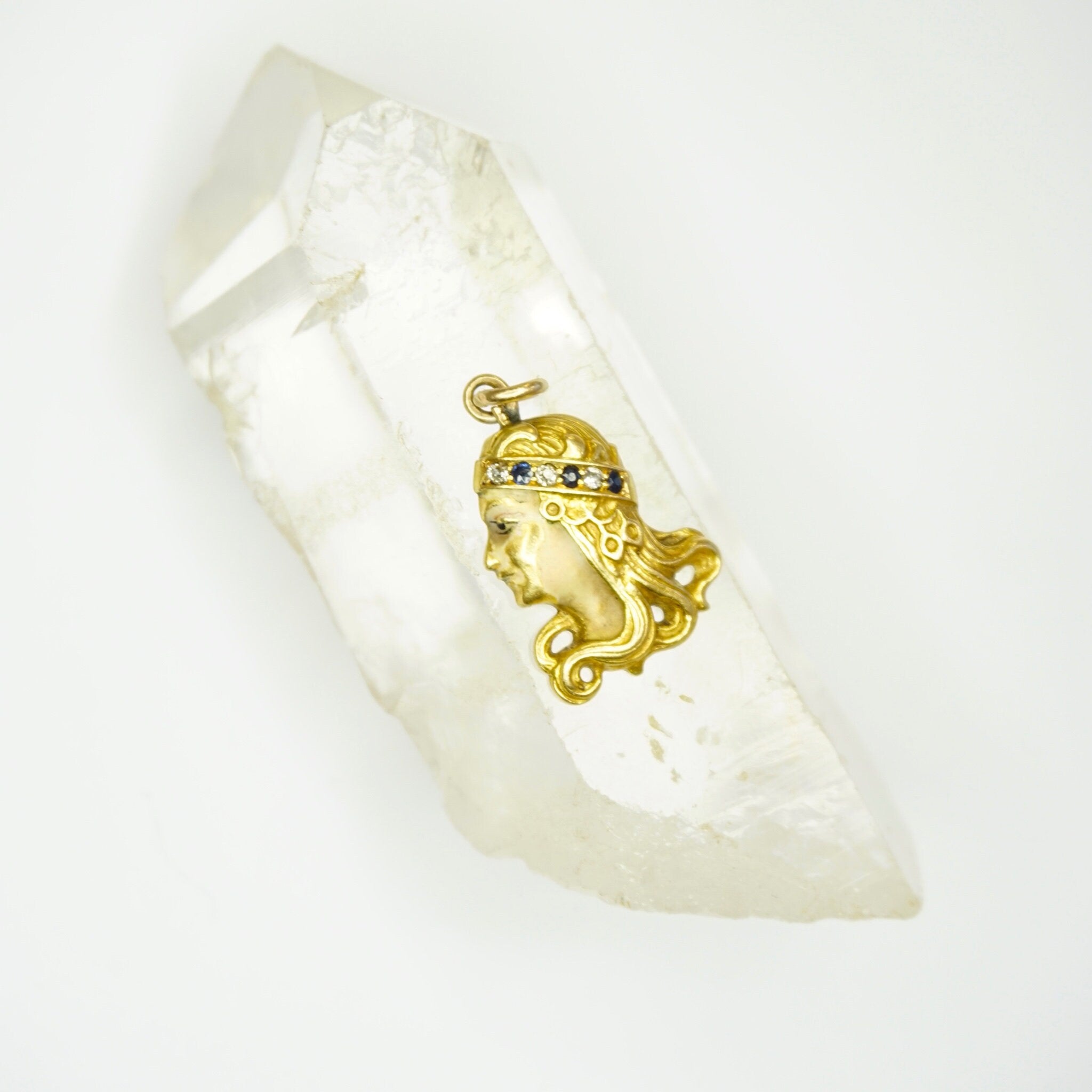 Vintage 18K Gold Woman Pendant, Golden Woman With Diamond Crown Charm, Art Nouveau 18k Gold Charm With Diamonds