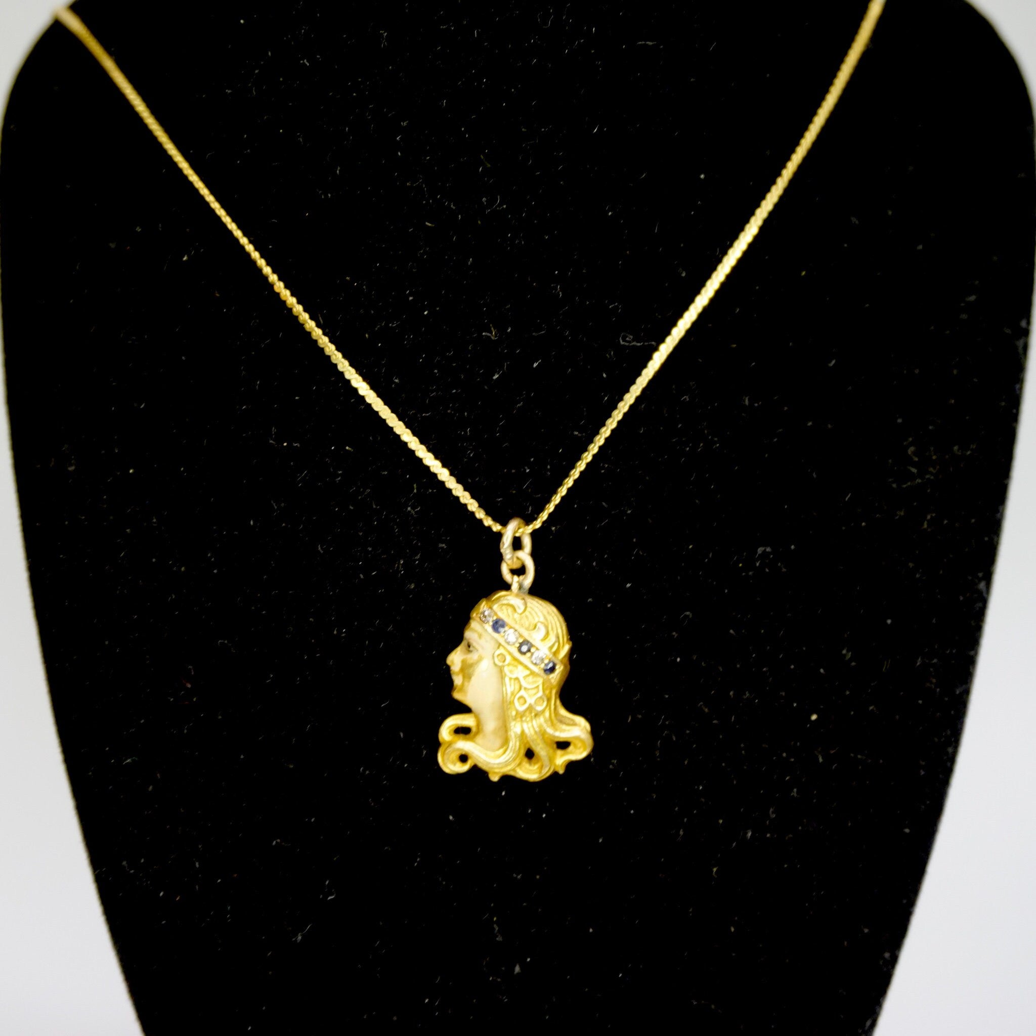 Vintage 18K Gold Woman Pendant, Golden Woman With Diamond Crown Charm, Art Nouveau 18k Gold Charm With Diamonds