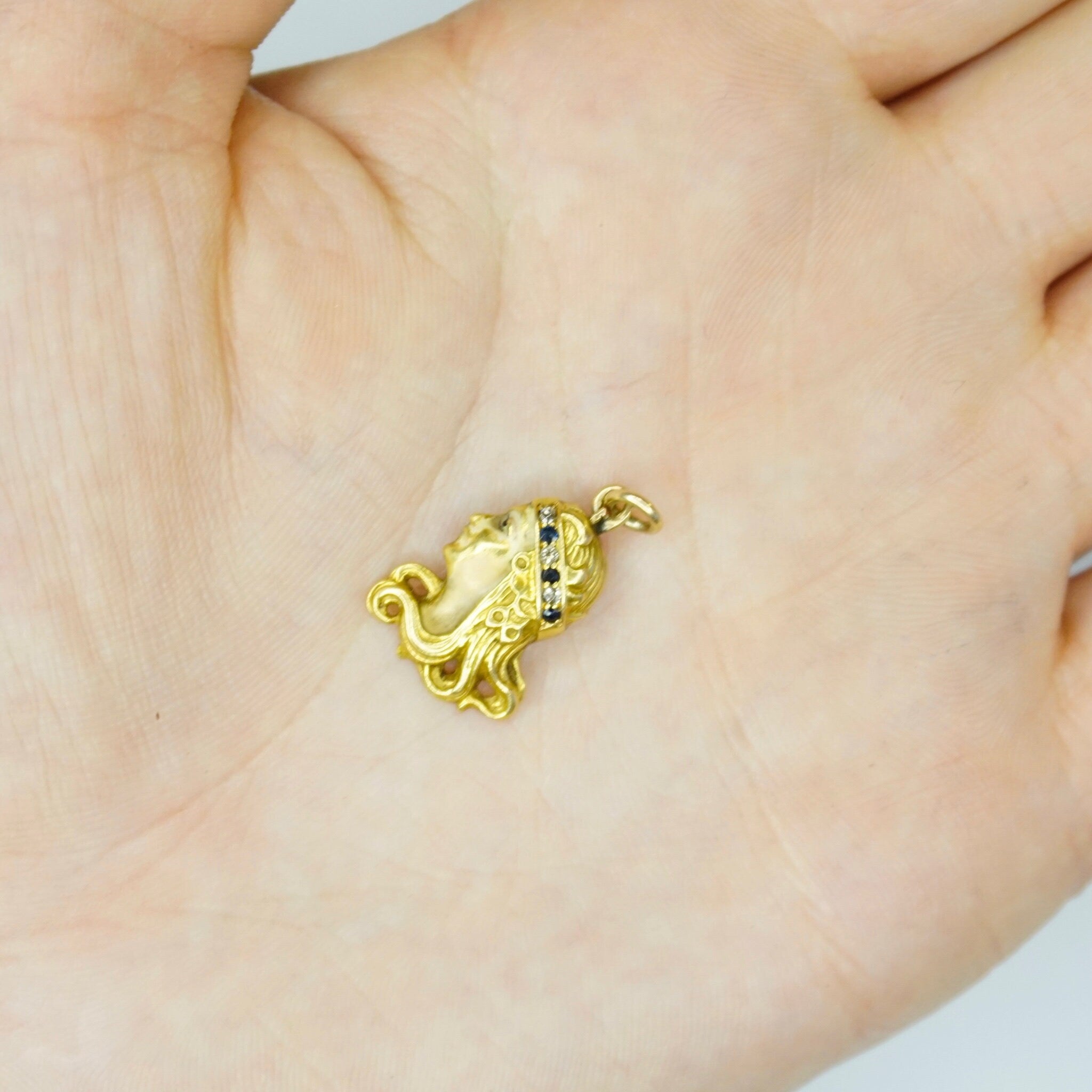 Vintage 18K Gold Woman Pendant, Golden Woman With Diamond Crown Charm, Art Nouveau 18k Gold Charm With Diamonds