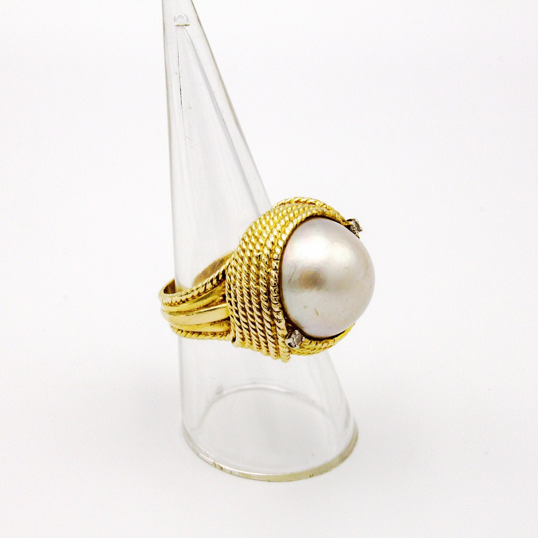 Vintage 14K Gold Mabe Pearl and Diamond Cocktail Ring, Gold Estate Ring With Large Pearl and Accent Diamonds, Bold 14K Gold Pearl Ring