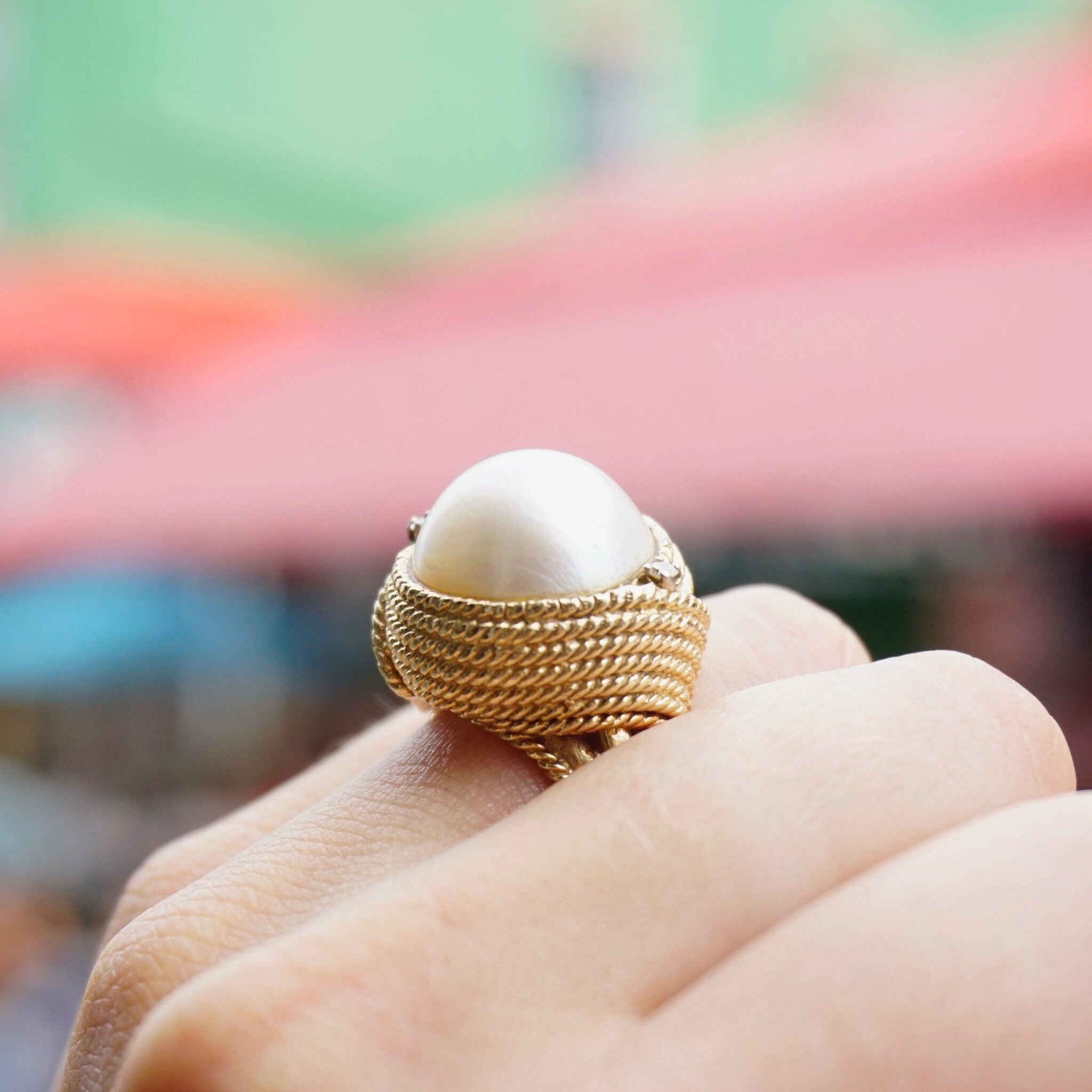 Vintage 14K Gold Mabe Pearl and Diamond Cocktail Ring, Gold Estate Ring With Large Pearl and Accent Diamonds, Bold 14K Gold Pearl Ring