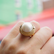 Vintage 14K Gold Mabe Pearl and Diamond Cocktail Ring, Gold Estate Ring With Large Pearl and Accent Diamonds, Bold 14K Gold Pearl Ring