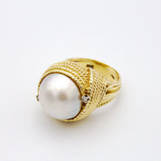 Vintage 14K Gold Mabe Pearl and Diamond Cocktail Ring, Gold Estate Ring With Large Pearl and Accent Diamonds, Bold 14K Gold Pearl Ring
