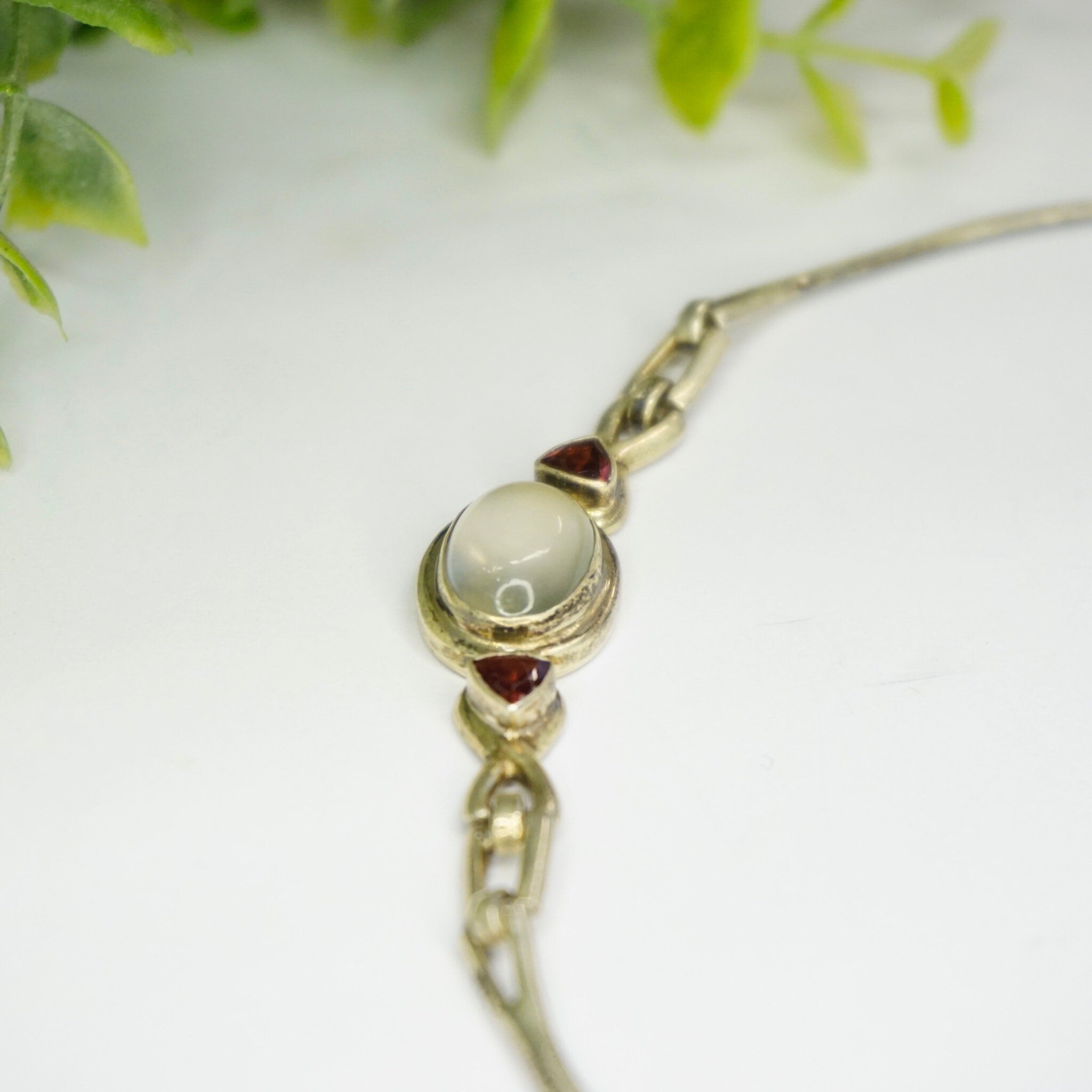 Vintage Sterling Silver Moonstone Choker, Silver Choker With Moonstone Pendant and Red Jewel Accents, Unique Sterling Choker, 925 Jewelry