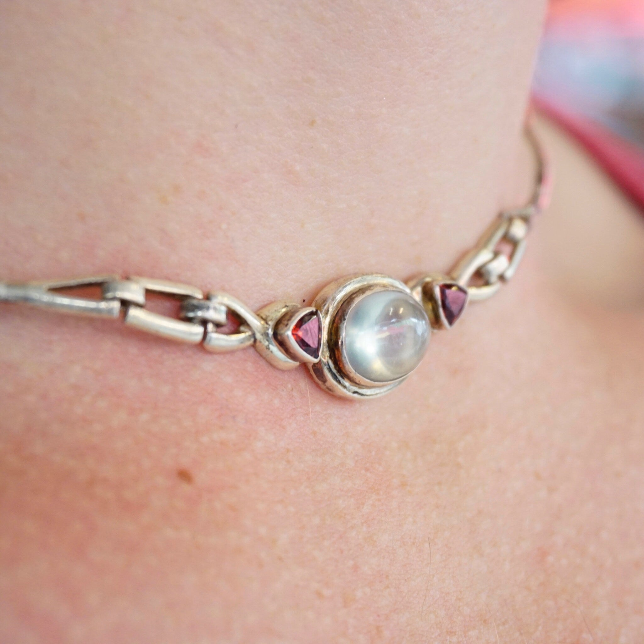 Vintage Sterling Silver Moonstone Choker, Silver Choker With Moonstone Pendant and Red Jewel Accents, Unique Sterling Choker, 925 Jewelry