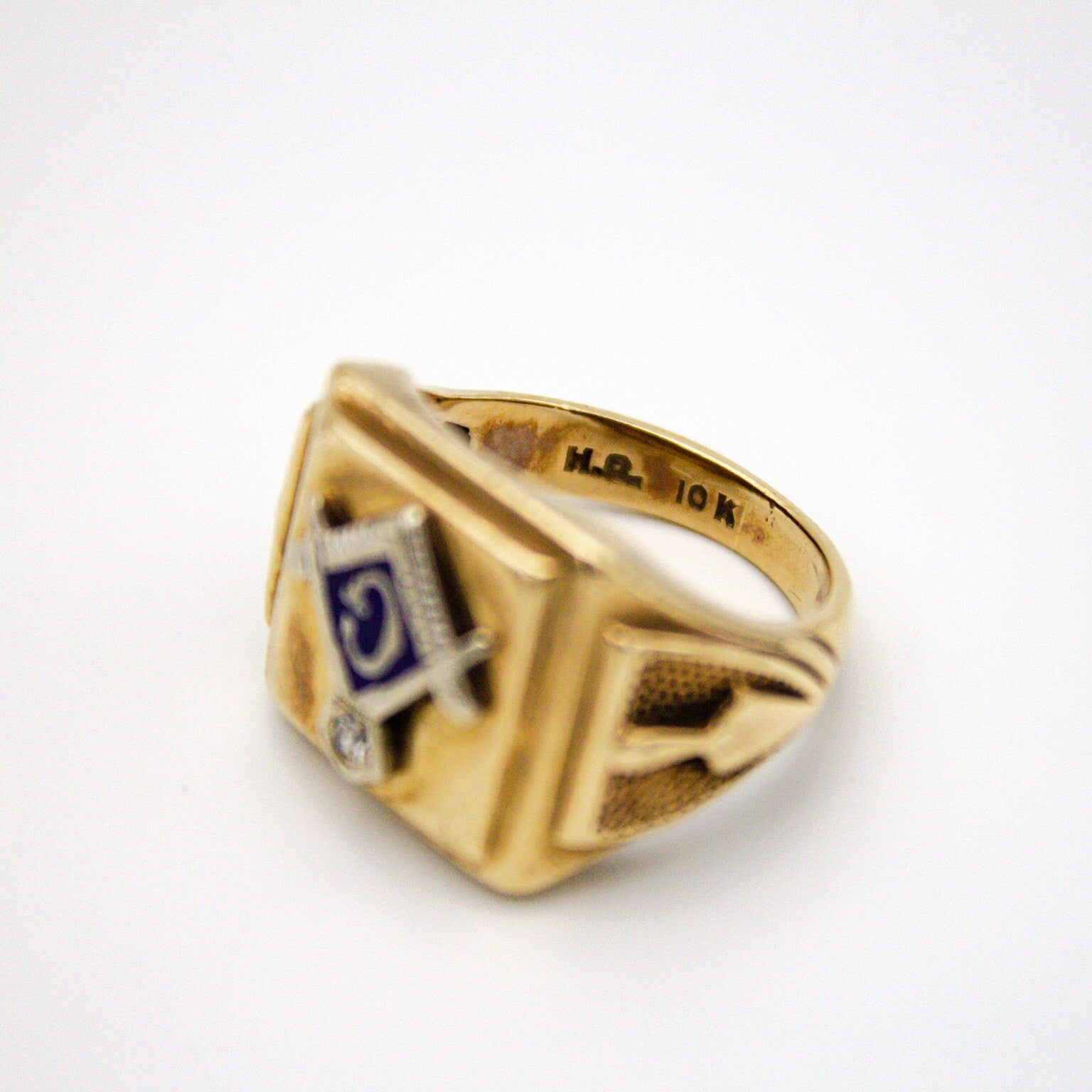 Vintage 10K Gold Masonic Ring With Blue Enamel and Diamond Accent, Freemason Ring With G Symbol, Gold Ring With Blue Enamel And Diamond