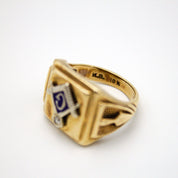 Vintage 10K Gold Masonic Ring With Blue Enamel and Diamond Accent, Freemason Ring With G Symbol, Gold Ring With Blue Enamel And Diamond