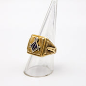 Vintage 10K Gold Masonic Ring With Blue Enamel and Diamond Accent, Freemason Ring With G Symbol, Gold Ring With Blue Enamel And Diamond