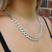 Vintage Sterling Silver Cuban Curb Chain Necklace, Made in Italy Long Silver Chain, 24in Flat Cuban Link Necklace, 12mm Thick Silver Chain