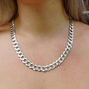 Vintage Sterling Silver Cuban Curb Chain Necklace, Made in Italy Long Silver Chain, 24in Flat Cuban Link Necklace, 12mm Thick Silver Chain