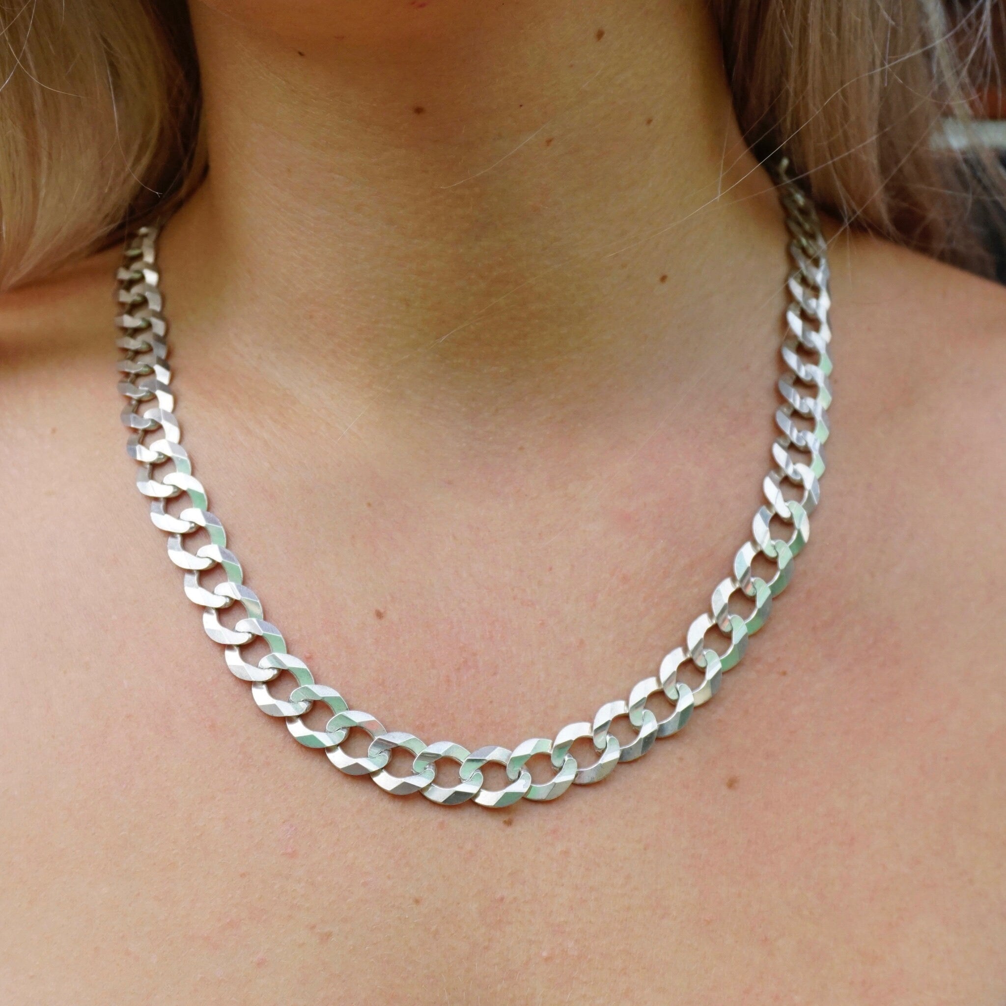 Vintage Sterling Silver Cuban Curb Chain Necklace, Made in Italy Long Silver Chain, 24in Flat Cuban Link Necklace, 12mm Thick Silver Chain