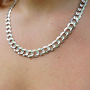 Vintage Sterling Silver Cuban Curb Chain Necklace, Made in Italy Long Silver Chain, 24in Flat Cuban Link Necklace, 12mm Thick Silver Chain