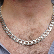 Vintage Sterling Silver Cuban Curb Chain Necklace, Made in Italy Long Silver Chain, 24in Flat Cuban Link Necklace, 12mm Thick Silver Chain
