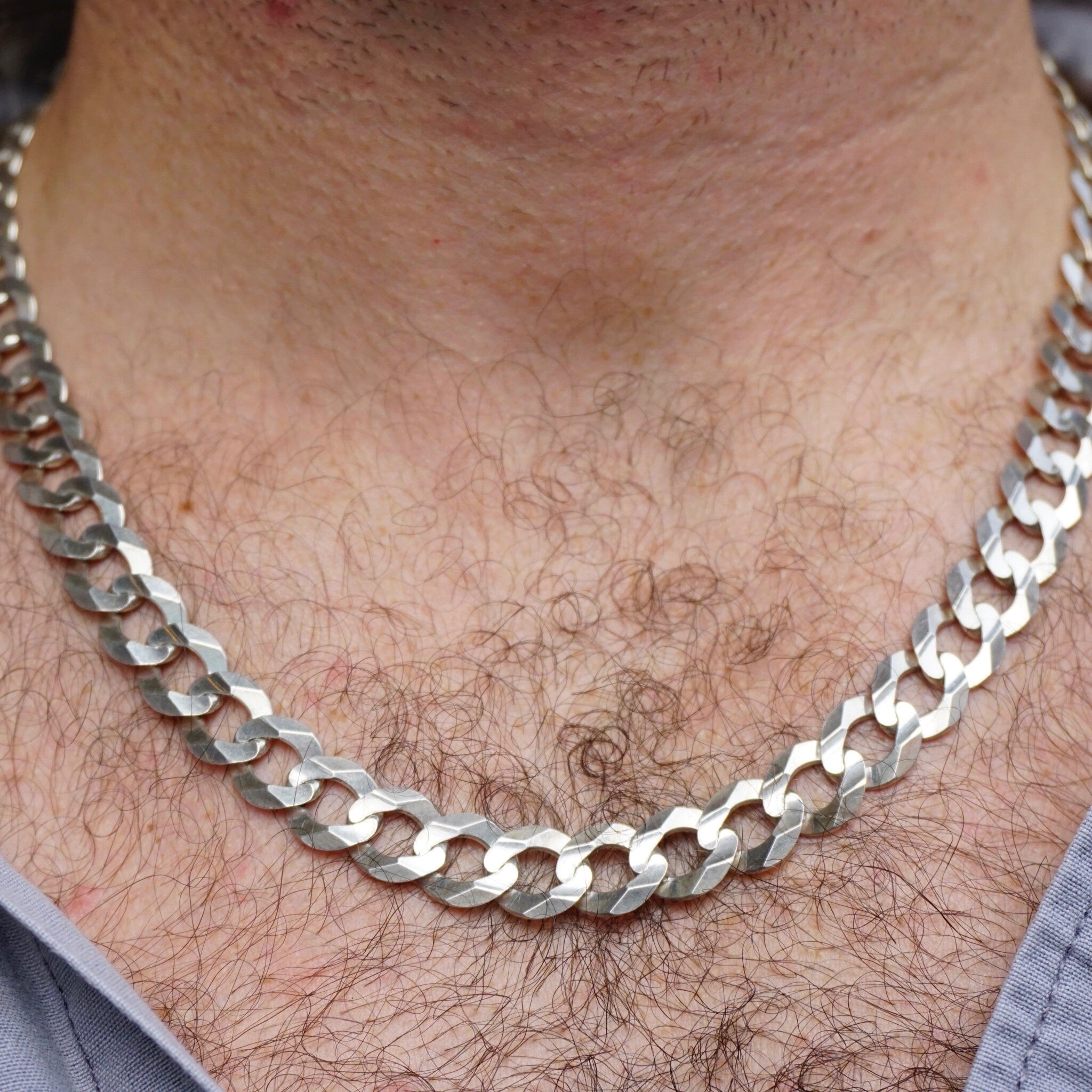 Vintage Sterling Silver Cuban Curb Chain Necklace, Made in Italy Long Silver Chain, 24in Flat Cuban Link Necklace, 12mm Thick Silver Chain