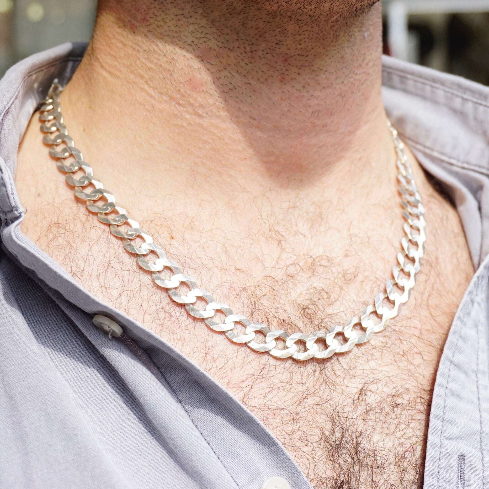 Vintage Sterling Silver Cuban Curb Chain Necklace, Made in Italy Long Silver Chain, 24in Flat Cuban Link Necklace, 12mm Thick Silver Chain
