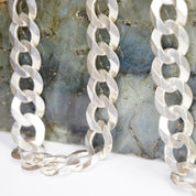 Vintage Sterling Silver Cuban Curb Chain Necklace, Made in Italy Long Silver Chain, 24in Flat Cuban Link Necklace, 12mm Thick Silver Chain