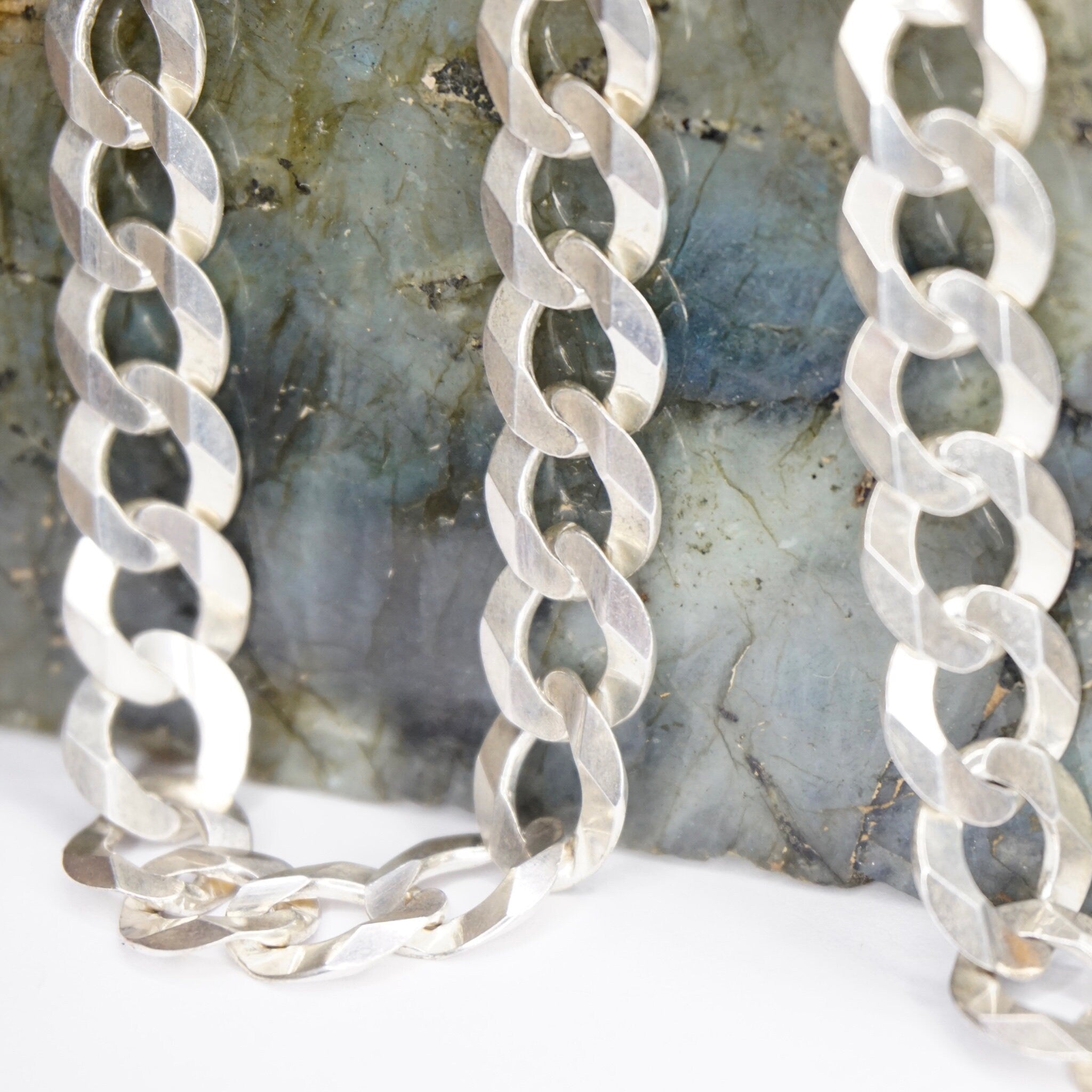 Vintage Sterling Silver Cuban Curb Chain Necklace, Made in Italy Long Silver Chain, 24in Flat Cuban Link Necklace, 12mm Thick Silver Chain