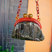Vintage Bakelite Purse With Genuine Snakeskin, Unique Snakeskin Bag with Bakelite Chain and Trim, Gorgeous Bakelite Snakeskin Purse