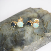 Vintage 10K Gold Opal Stud Earrings with Dark Blue Gemstone, Elegant Gold 2-Stone Earrings With Opal and Blue Gemstone, 10K Gold Earrings