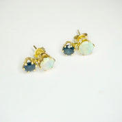 Vintage 10K Gold Opal Stud Earrings with Dark Blue Gemstone, Elegant Gold 2-Stone Earrings With Opal and Blue Gemstone, 10K Gold Earrings