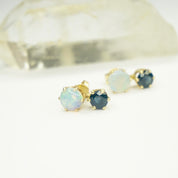 Vintage 10K Gold Opal Stud Earrings with Dark Blue Gemstone, Elegant Gold 2-Stone Earrings With Opal and Blue Gemstone, 10K Gold Earrings