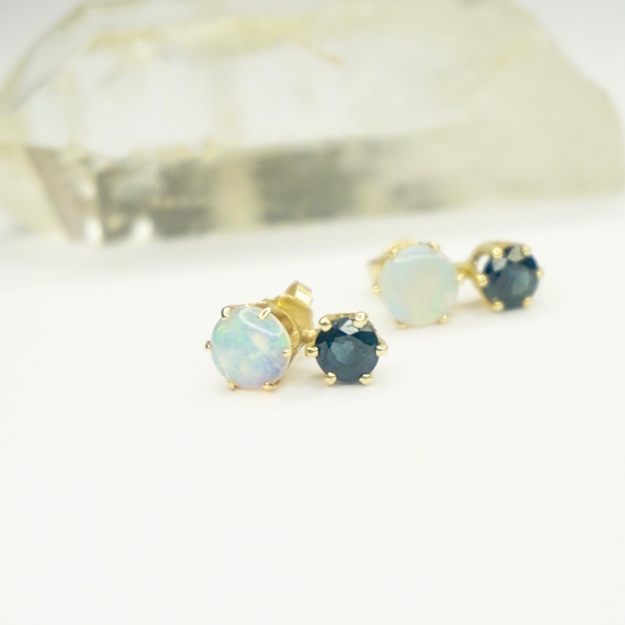 Vintage 10K Gold Opal Stud Earrings with Dark Blue Gemstone, Elegant Gold 2-Stone Earrings With Opal and Blue Gemstone, 10K Gold Earrings