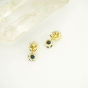 Vintage 10K Gold Opal Stud Earrings with Dark Blue Gemstone, Elegant Gold 2-Stone Earrings With Opal and Blue Gemstone, 10K Gold Earrings