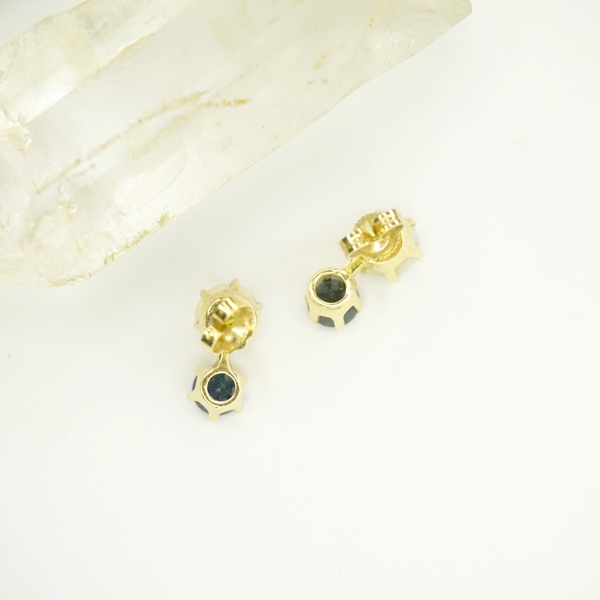 Vintage 10K Gold Opal Stud Earrings with Dark Blue Gemstone, Elegant Gold 2-Stone Earrings With Opal and Blue Gemstone, 10K Gold Earrings