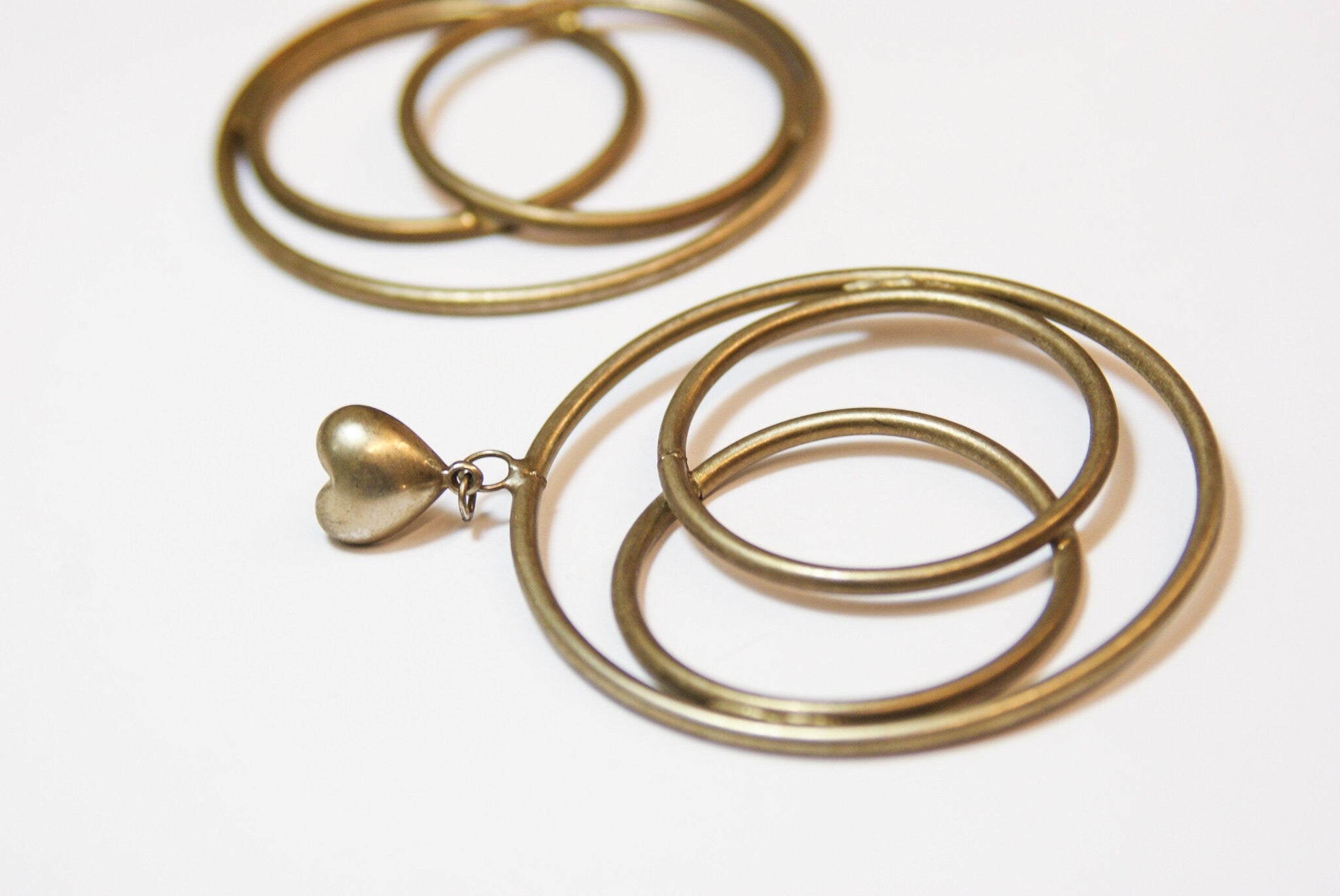 Vintage Hoop Drop Earrings With Heart Stud, Abstract Metal Hoop Drop Stud Earrings, Bronze Toned Earrings With Heart Stud and Circle Design