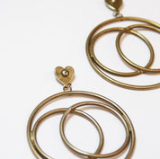 Vintage Hoop Drop Earrings With Heart Stud, Abstract Metal Hoop Drop Stud Earrings, Bronze Toned Earrings With Heart Stud and Circle Design
