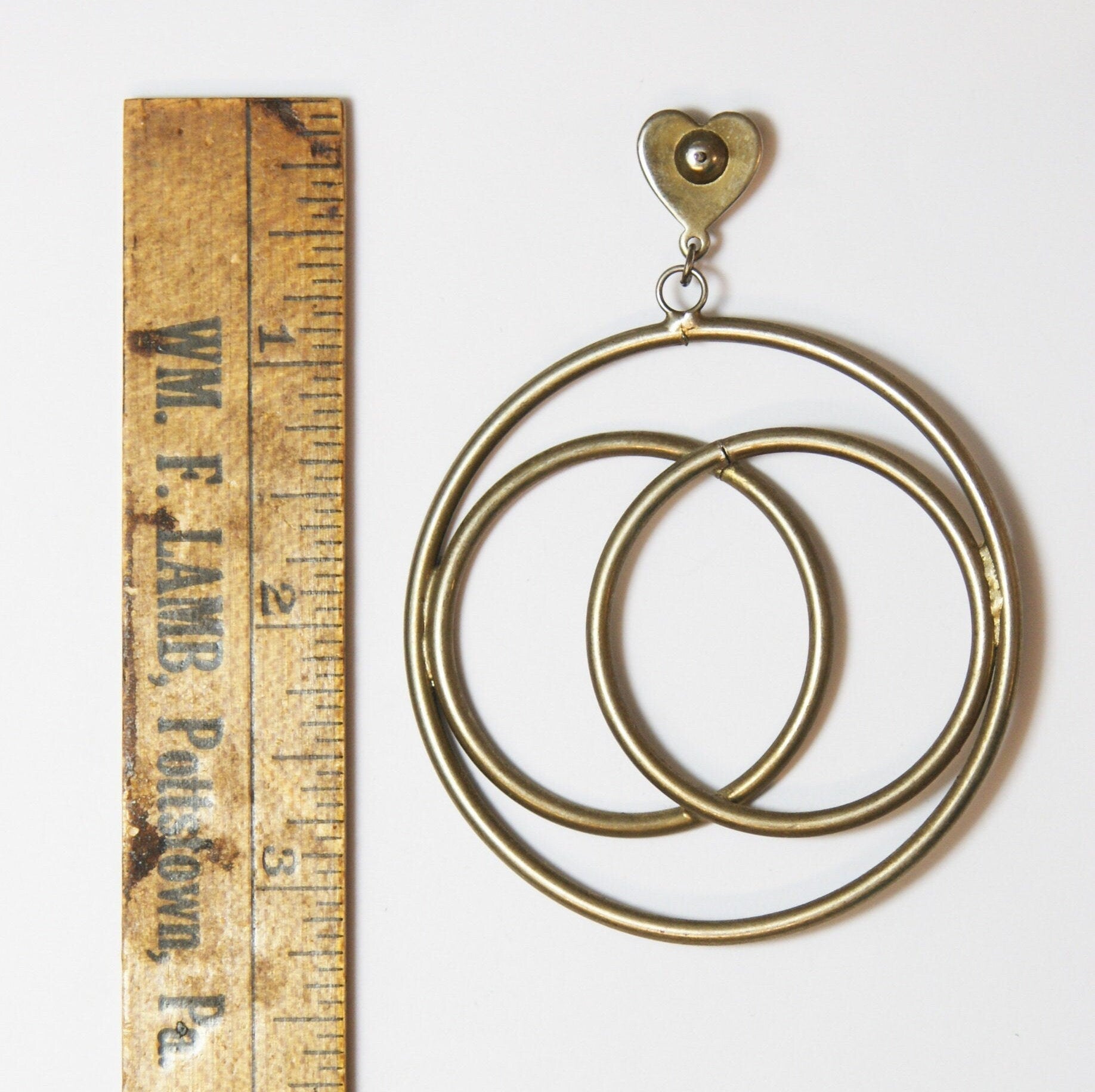 Vintage Hoop Drop Earrings With Heart Stud, Abstract Metal Hoop Drop Stud Earrings, Bronze Toned Earrings With Heart Stud and Circle Design