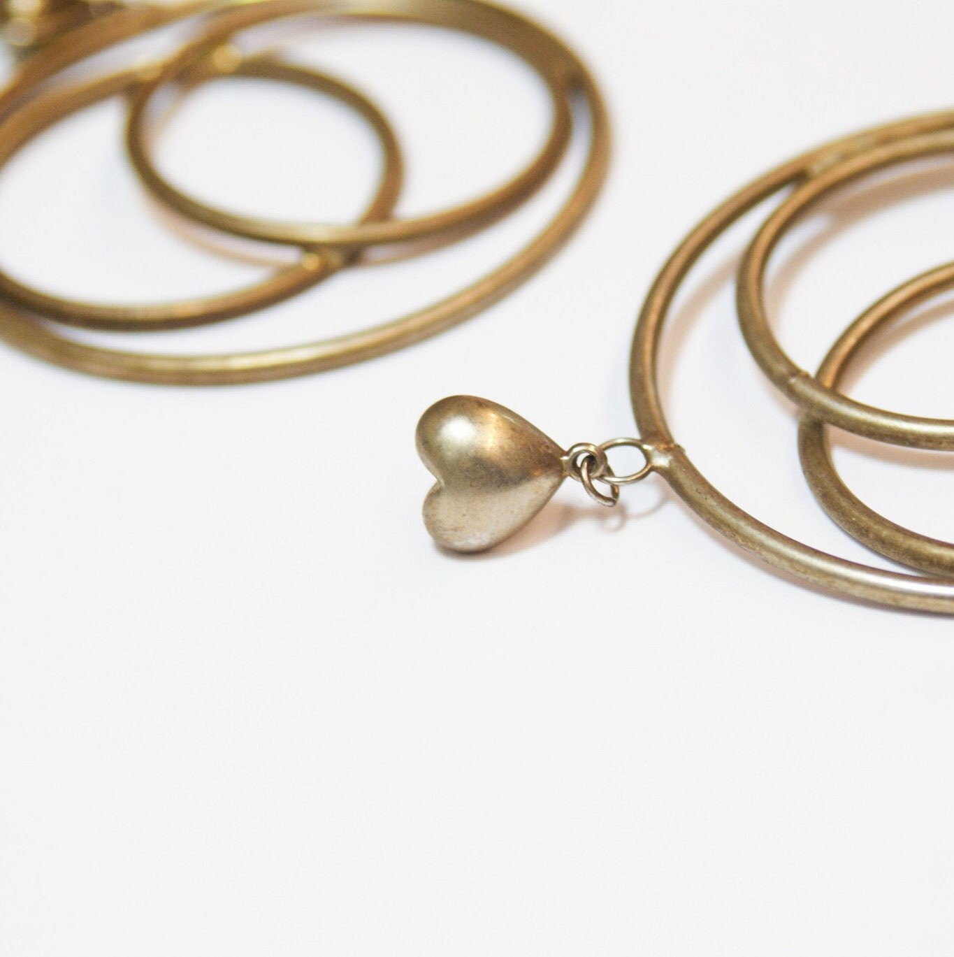 Vintage Hoop Drop Earrings With Heart Stud, Abstract Metal Hoop Drop Stud Earrings, Bronze Toned Earrings With Heart Stud and Circle Design