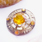Vintage Silver Plated Scottish Kilt Pin With Large Amber Stone, Made In Great Britain Amber Brooch With Silver Thistle Design