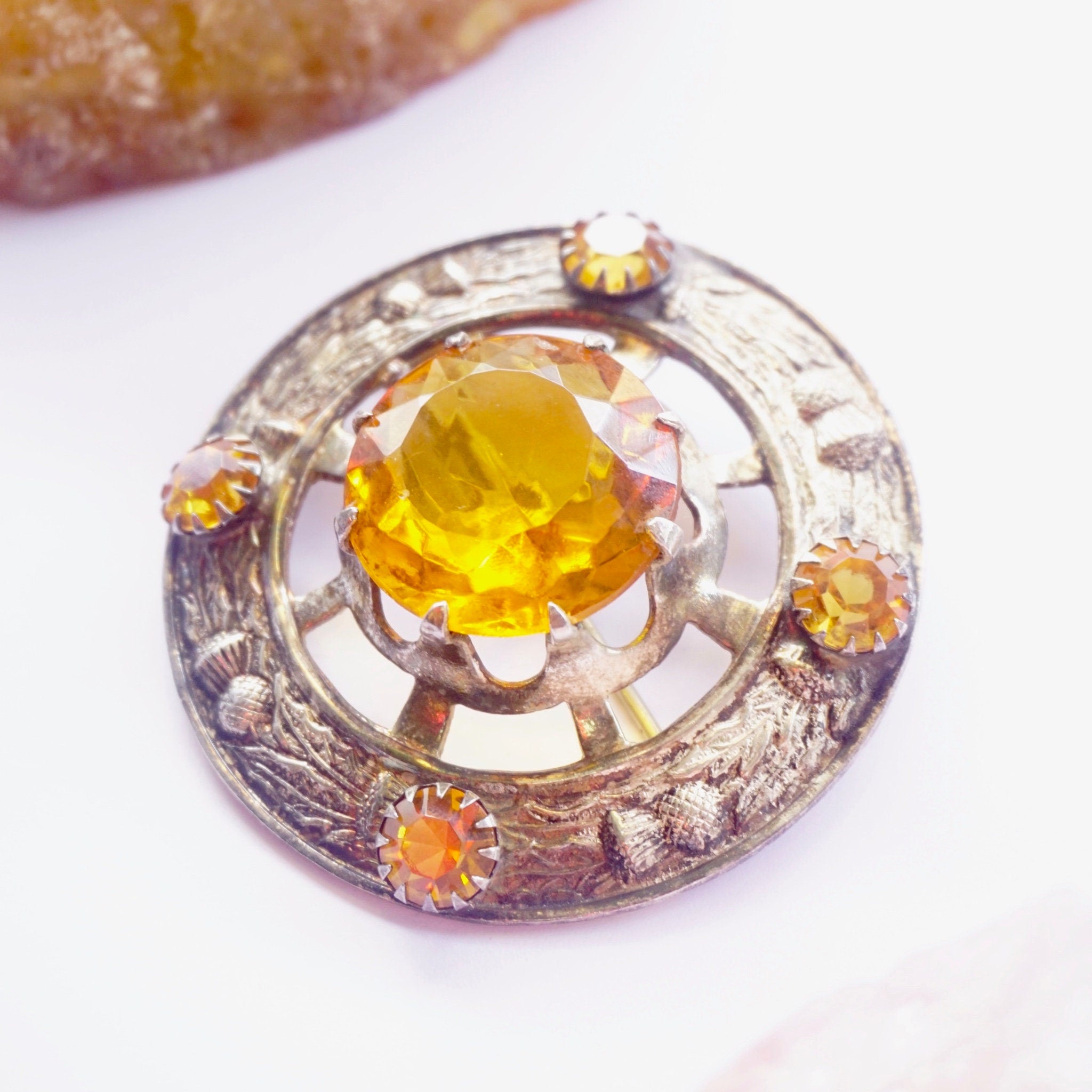 Vintage Silver Plated Scottish Kilt Pin With Large Amber Stone, Made In Great Britain Amber Brooch With Silver Thistle Design